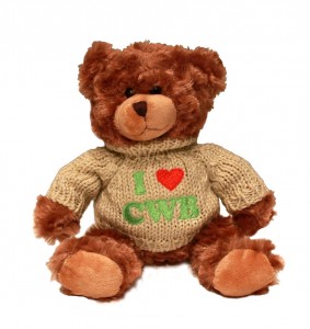 Bear wearing sweater reading "I Heart CWB"